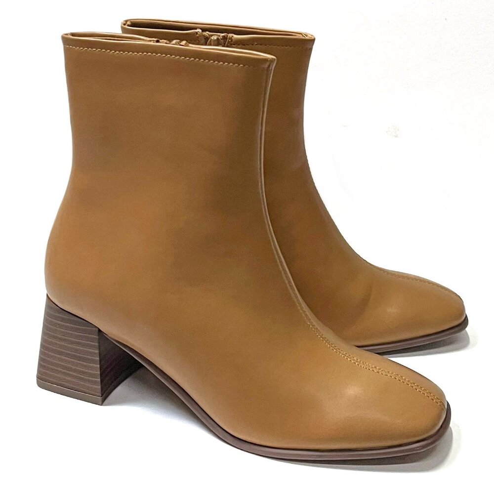 New Natural Tan Square Toe Chunky Heel Ankle Boots Booties
